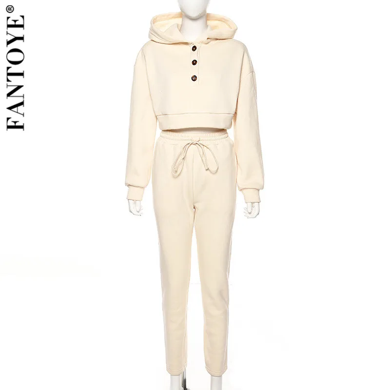 Хаки FANTOYE Two Piece Set Tracksuit Women Autumn Two Piece Outfits Sweat Suits Hoodies 2 Piece Set Women Clothing Sets Sweatpants - Цвет: Хаки
