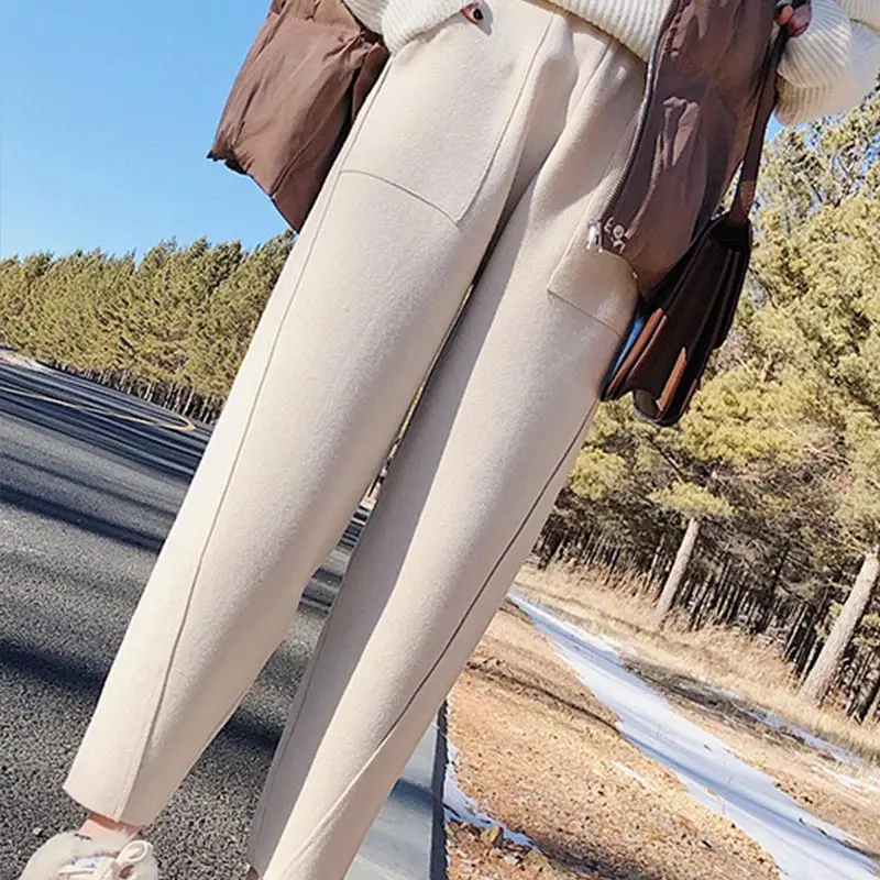Женские штаны-шаровары с высокой талией из смешанной шерсти размера плюс, женские брюки длиной до щиколотки, зимние осенние модные женские штаны
