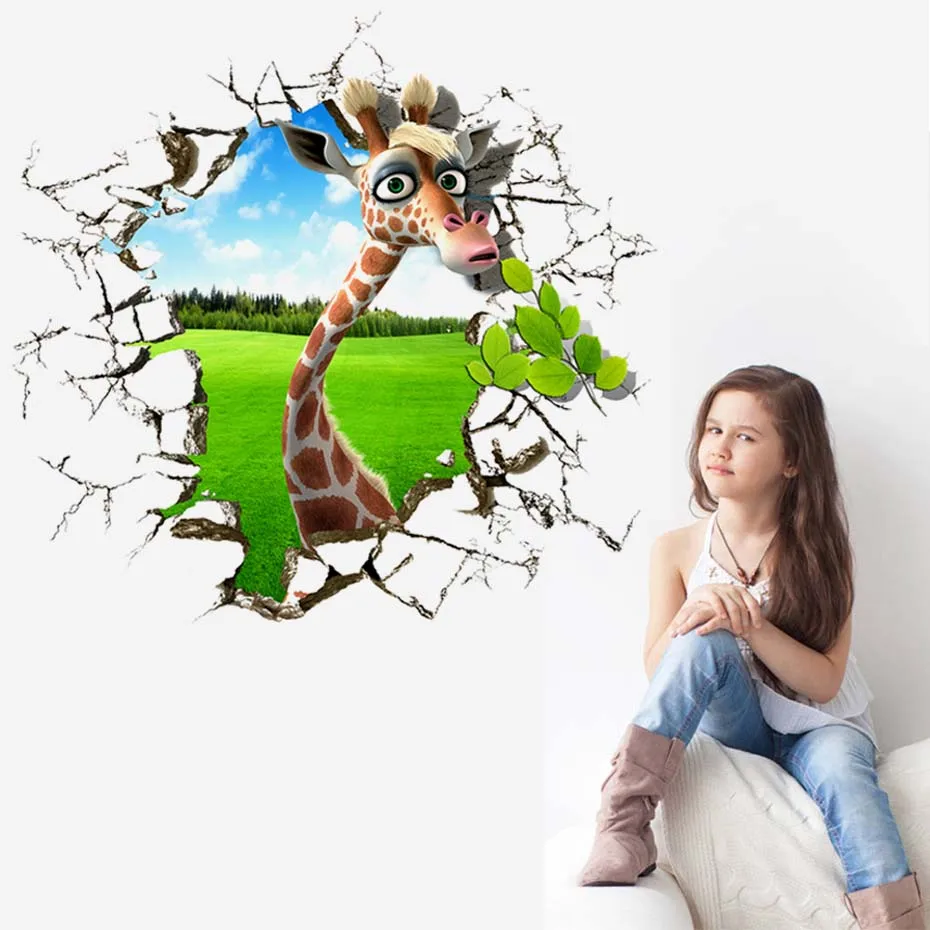 Wild Animal Giraffe Elephant Break the Wall 3D Sticker 3D Effect Decals for Kids Children Nursery Baby Room Living Room Sofa background Decoration Home Art Vinyls Mural Creative Removable Self-adhesive Wallpaper Gift (2)