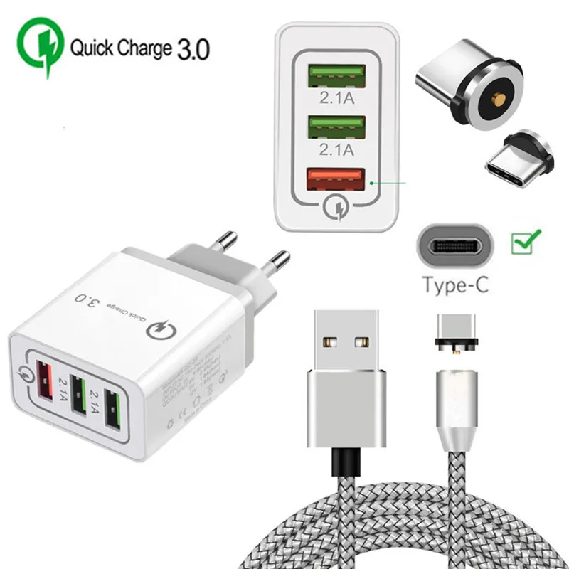 Магнитный USB кабель QC 3,0 быстрое зарядное устройство type C Магнитный зарядный провод для samsung Galaxy S8 S9 A7 A5 A3 C9 Redmi K20 Note 7 Pro - Тип штекера: EU charger and cable