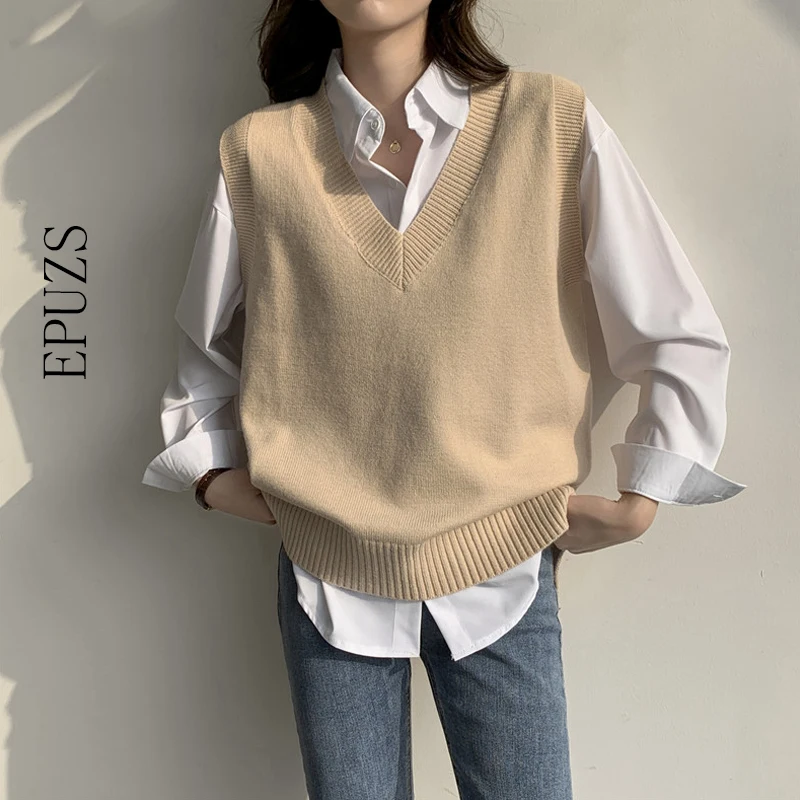 Oversized Knitted Vest Sweater Women V 