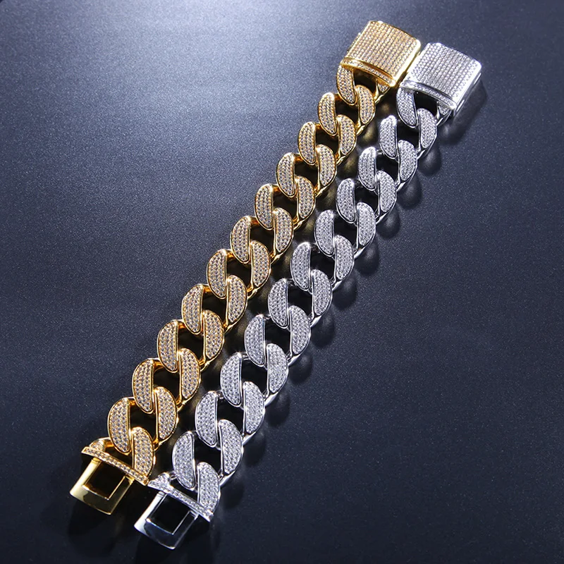 Хип-хоп AAA+ кубический цирконий, шикарный, со льдом, роскошный кубинский панцирный браслет-цепочка для мужчин, рэппер, ювелирные изделия, золото, серебро