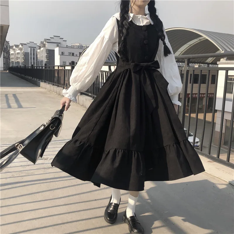 

Japanese College Style Sweet High Waist Straps Ruffled Strap Dress Two Colors+White Shirt SuitLolita Style Women Kawaii Clothing