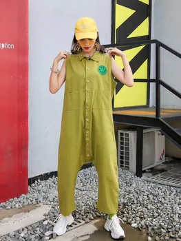 

Cartoon print thin Rompers oversized hip hop streetwear sleeveless Bodysuit Button pockets jumpsuit women summer loose playsuits