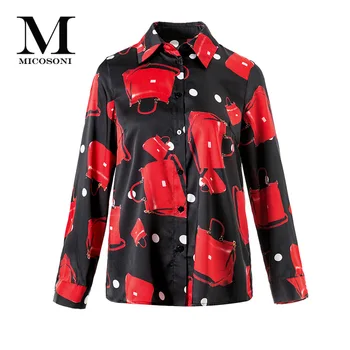 

High Quality Red Bag-Printed Lapel Long-sleeved Black Shirt Women's 2019 Fall Twill Polyester Turn-down Collar Top and Blouse