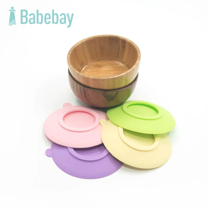 

Baby Wood Bowl and Silicone Cover Toddler Kid Child Feeding Lid Training Bowls Baby Feeding Tableware Children Plate Sucker Bowl