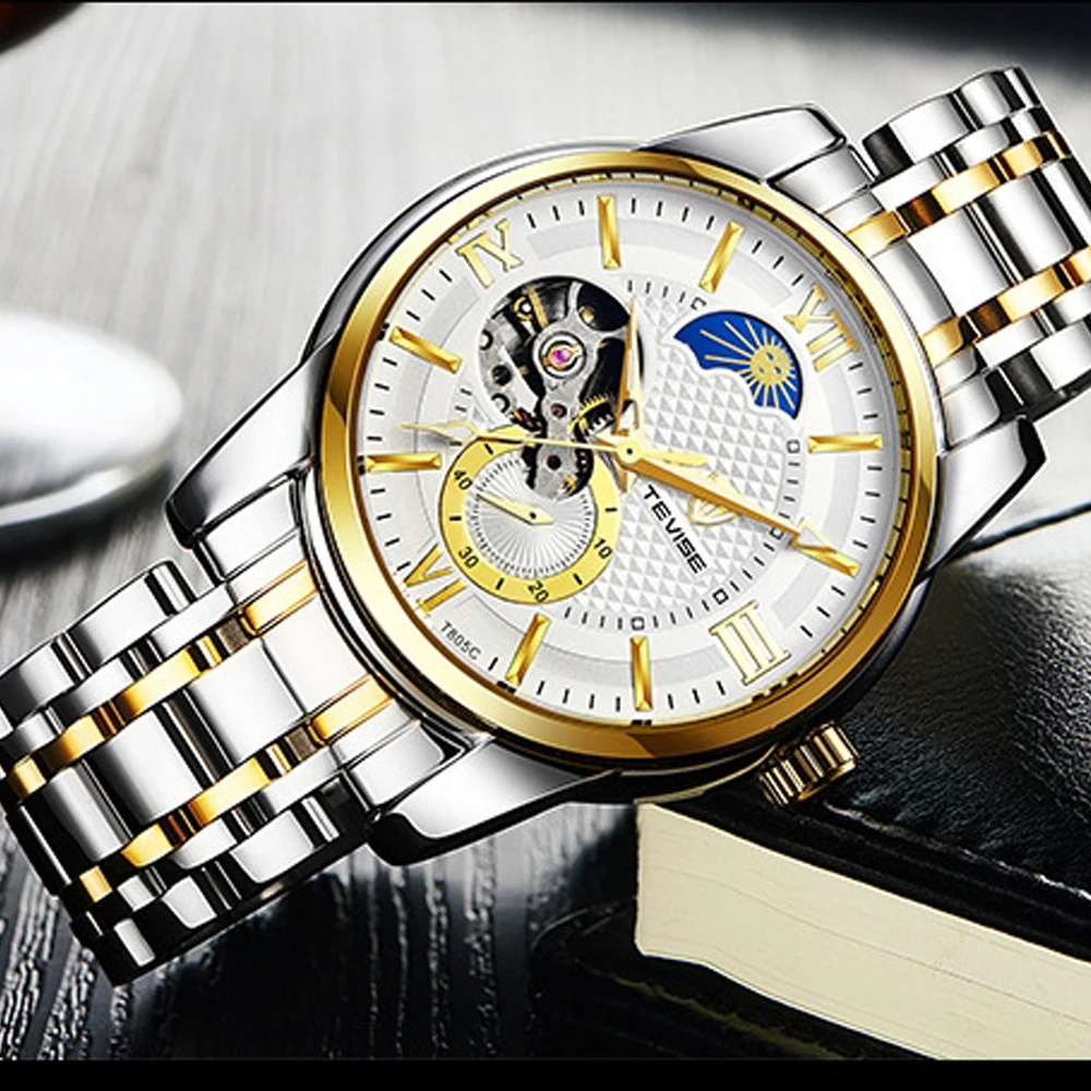 TEVISE модные мужские часы Moon Phase Роскошные деловые мужские часы ремешок из нержавеющей стали военные наручные часы