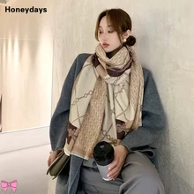 

Fashion Chain Printing Cashmere Scarf Women Winter Thickened Scarves Warmth Double-sided Shawl Tassel Neckerchief Mother's Gift