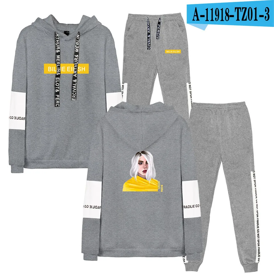 Billie Eilish толстовки Мужская мода Женская толстовка Siut Повседневная печать Billie Eilish капюшон+ брюки набор XXS - Цвет: gray