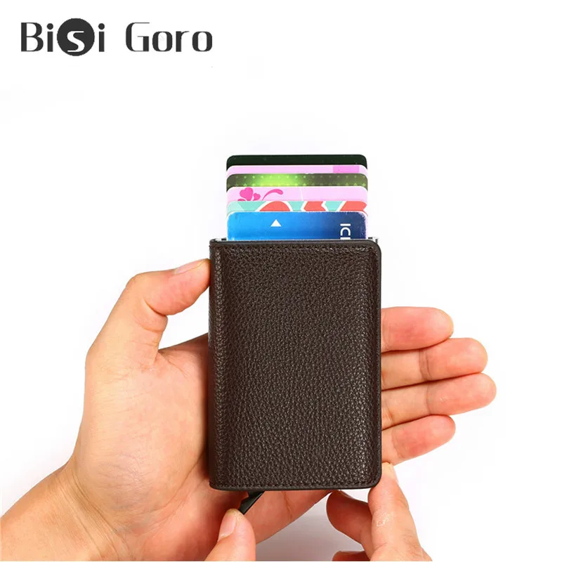 BISI GORO RFID всплывающий держатель для карт алюминиевая коробка личи мягкий кожаный чехол для карт Защита информации безопасность клатч Повседневный Кошелек