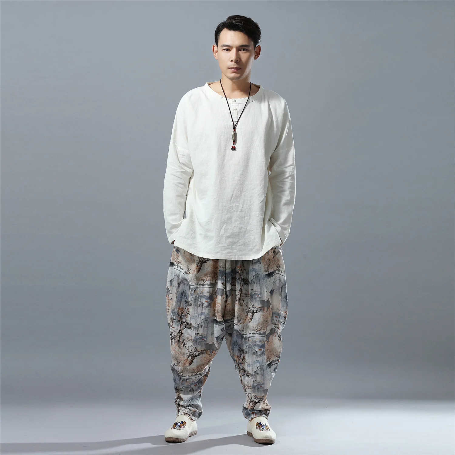 Landscape Painting Linen Pants India Nepal Pattern Cotton Linen Trousers Men Soft Natural Flax Pants Elastic Waist Comfortable