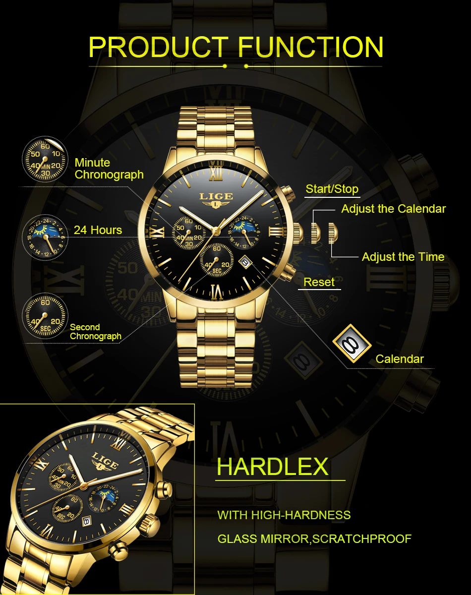 LIGE мужские часы лучший бренд кварцевые часы Роскошные Бизнес золотые часы Военные Спортивные Водонепроницаемые наручные часы Relogio Masculino
