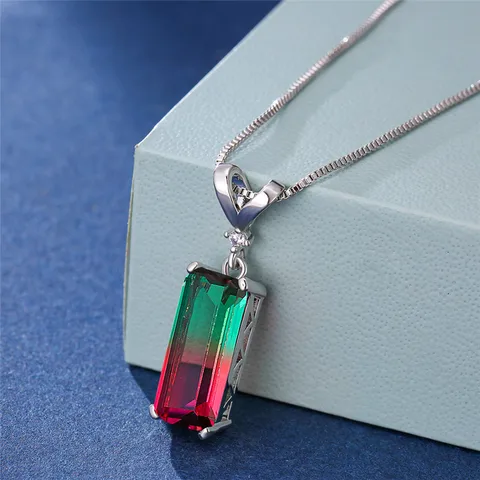 Female Blue Green Rainbow Stone Necklace Square Gemoetric Pendant Necklace Rose Gold Color Wedding Necklaces For Women