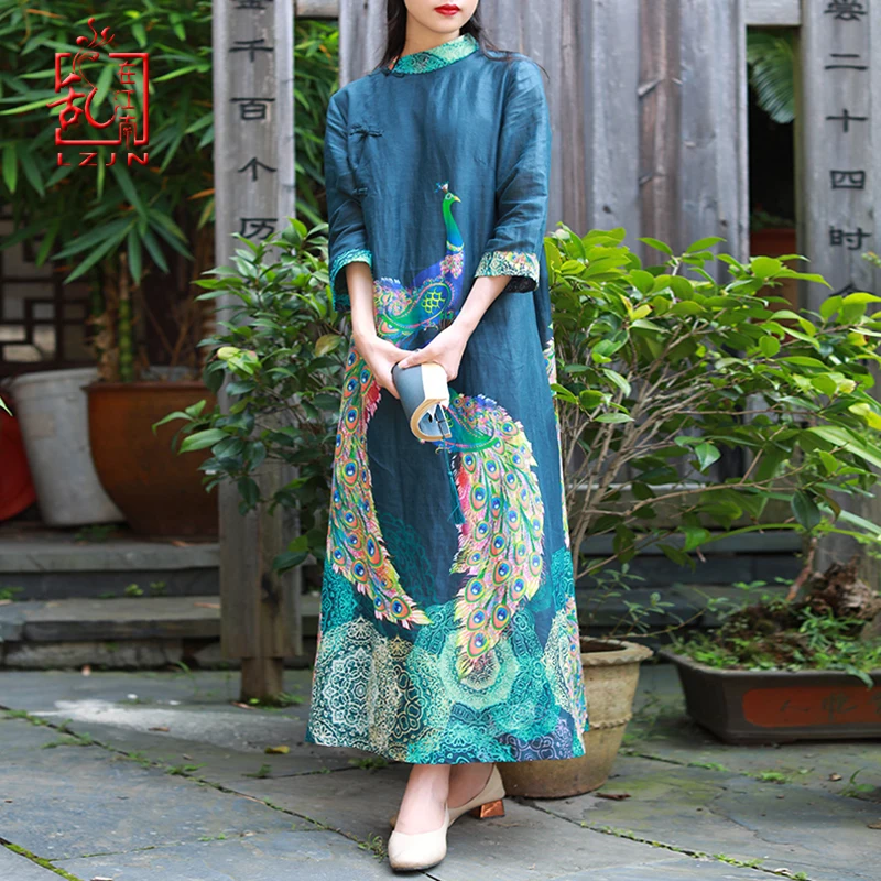 

LZJN 2019 Women New Chinese Traditional Dress Summer Autumn Peacock Printed A Line Long Dress Elegant Vestido Loose Robe