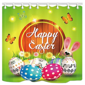 

Easter Polyester Fabric Bathroom Curtain Happy Easter on Wooden Plank with Eggs Shower Curtain for Bathtub,Waterproof