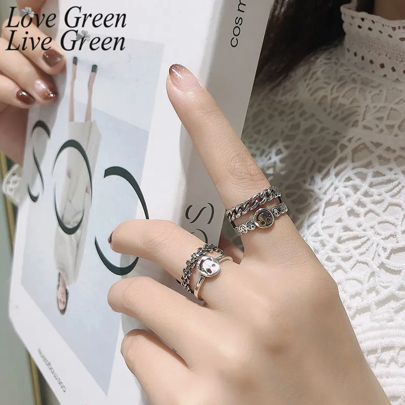 

New Retro Smiley Rings Silver Color Tank Double Layer Chain Letter Open Ring Tide Jewelry Luxuri Design Fashion Ring