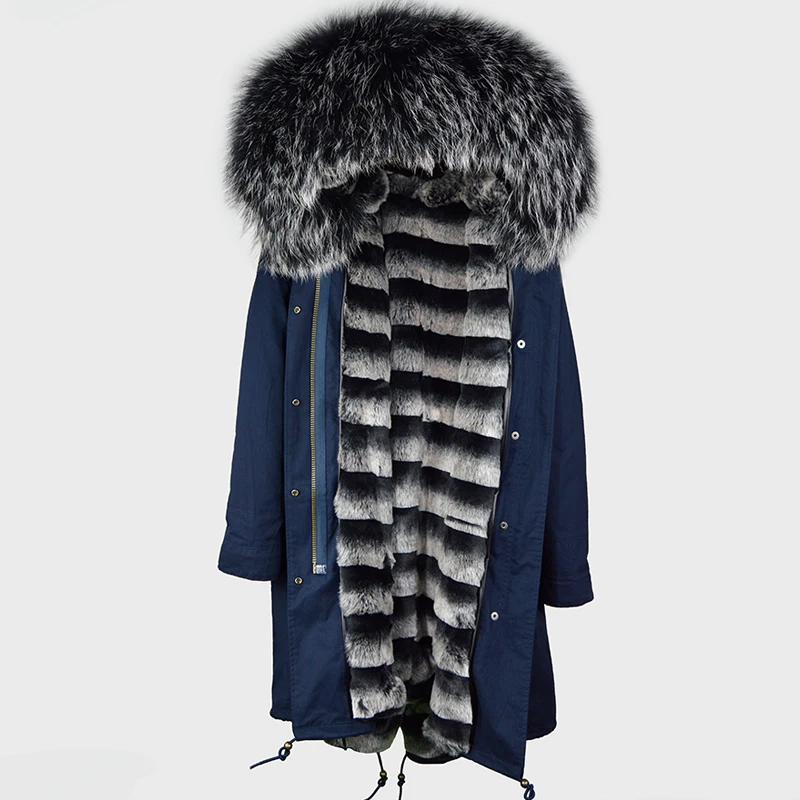 Chinese Wholesales Fur Coat Men Navy Shell Fur Long Jacket With Stripe Soft Faux Fur Liner