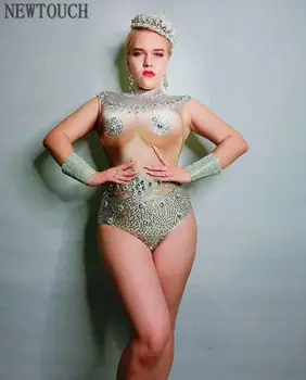 

Stage Evening Bar Singer Dancer Show Outfit Sexy clothing Flashing Silver Rhinestones Bodysuit Women's Birthday Celebrate Outfit