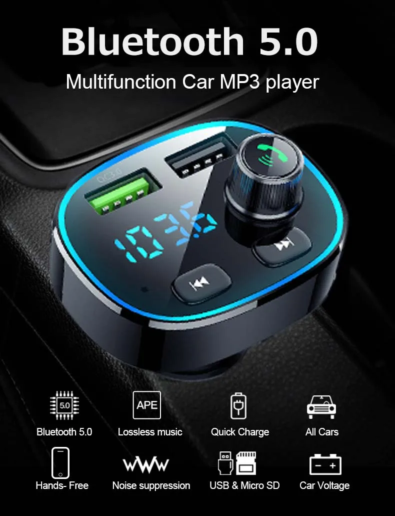 JINSERTA Bluetooth 5,0 fm-передатчик стерео автомобильный mp3-плеер аудио адаптер Быстрая зарядка 3,0 двойной USB Автомобильное зарядное устройство цифровое напряжение