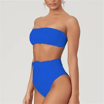 

Womens Bikini Set Solid Color Removable Pad Bra Wrap Chest Tops Belt Cheeky Bottoms 2Pcs High Waist Bikini Set Fashion Swimsuit