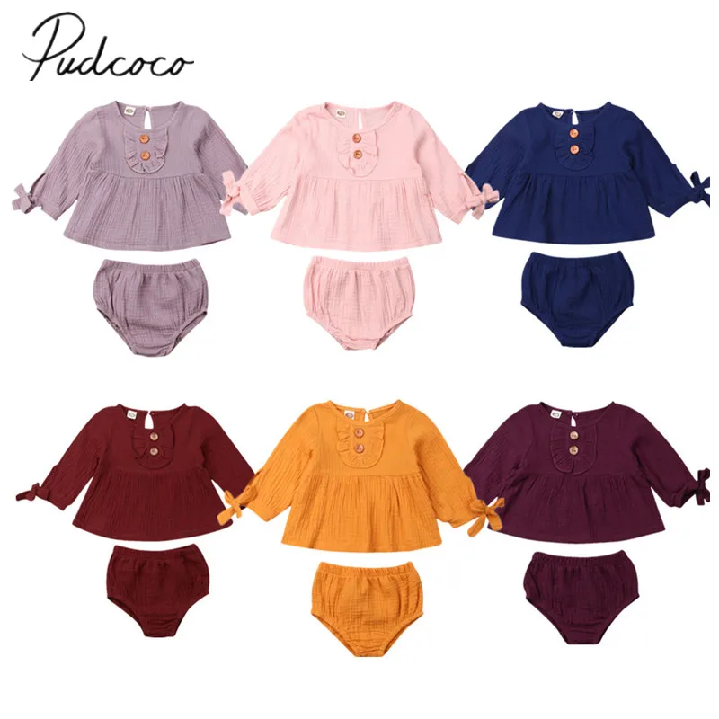 

2019 Baby Spring Autumn Clothing Toddler Baby Girl Solid Clothes Long Sleeve Tops Dress PP Shorts Bottoms Cotton Linen Outfits