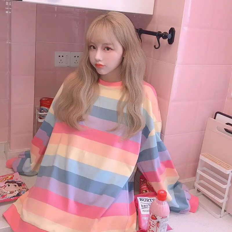 

Harajuku Kawaii Cute Rainbow T Shirt Women Stripes Panelled T-shirt Sweatshirt Student Autumn Winter Long Sleeve Loose Pullovers