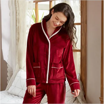 

2020 Winter Women Causal Pajama sets Female Thick Warm Velvet Sleepwear suit Women Long Sleeve shawl collar Coat & Pants