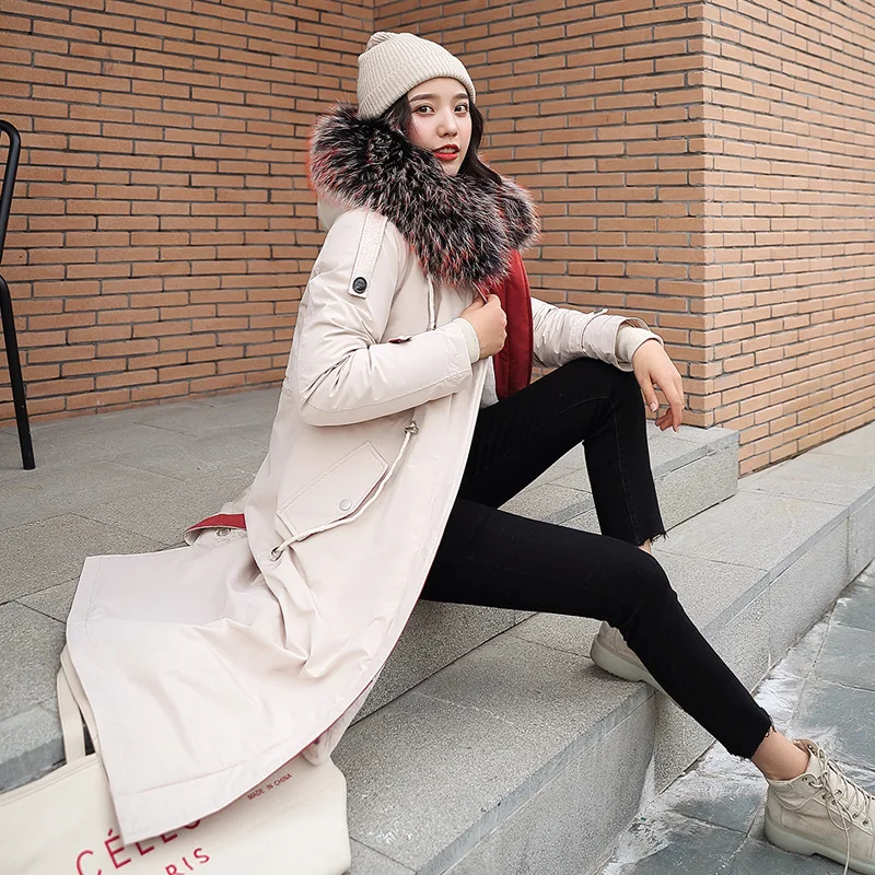 

Photo Shoot 2019 Winter Lambs Wool Inner Wearing Removable Korean-style down Jacket Women's Mid-length Large Fur Collar Students