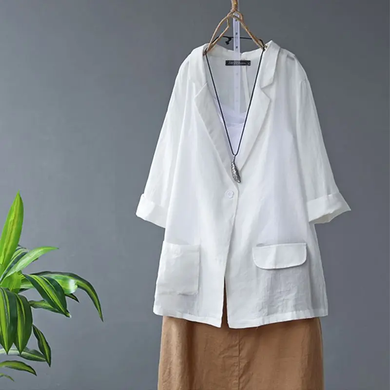 Autumn Solid Blazers ZANZEA Women Casual Long Sleeve Blazer Elegant Work Office Jackets Fashion Cotton Coats Female Shirts - Цвет: Белый