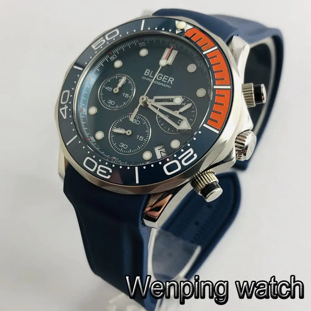 style C Часы Bliger 41 мм, серебристый чехол, сапфировое стекло, черный циферблат, светящийся резиновый ремешок, хронограф, кварцевые мужские часы - Цвет: style C
