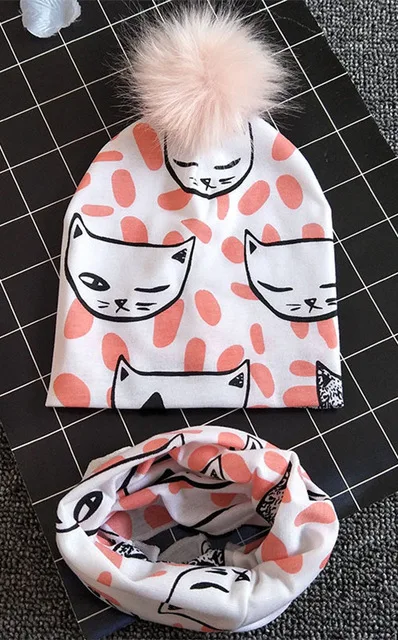 cat b Набор с шапочкой для мальчиков и девочек, весенний детский кольцевой ошейник, комплект с шапочкой, хлопковый детский шейный платок, осенне-зимний детский головной убор и шарф - Цвет: cat b