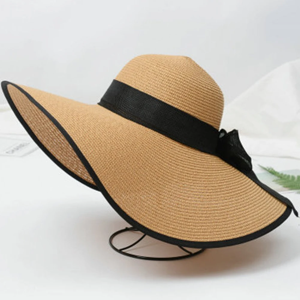 Khaki Black Милые модные пляжные соломенные шляпы в стиле бохо для женщин и девочек, пляжные соломенные шляпы с широкими полями, летняя складывающаяся Кепка для путешествий, пляжные кепки для улицы - Цвет: Khaki Black