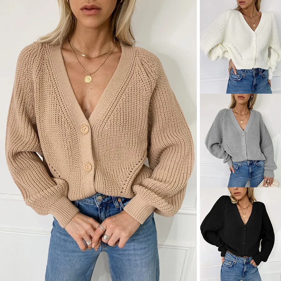 

Cardigan Women Sweater Lantern Sleeve Knitted Solid Color Autumn Winter Jacket Loose Ladies Sweaters Cardigans