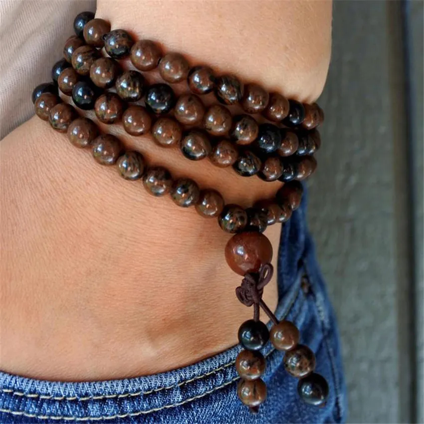 6mm Mahogany Obsidian Stone 108 Beads Handmade Tassel Necklace Buddhist Classic Spiritua Tibetan Retro Prayer Buddhism