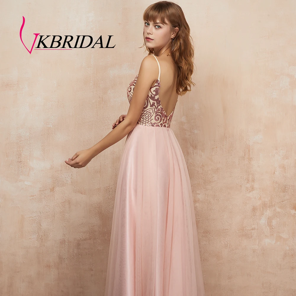 VKbridal/кружевные платья для возвращения домой с блестками, Длинные тюлевые вечерние платья для вечеринки с открытой спиной и v-образным вырезом