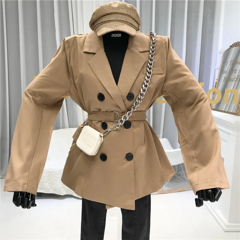 

Fashion Double-breasted Blazer and Jacket Women's Autumn New Black Streetwear Loose Lace Up Turn-down Collar Vintage