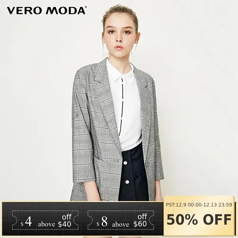 Vero Moda Женская новая клетчатая куртка с лацканами 3/4 рукавами костюм куртка Длинный блейзер | 318308510