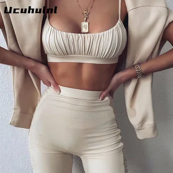 

Casual Ruched Women Two Piece Set Crop Top Strap Biker Shorts Fitness Co Ord Matching 2020 Summer Clothes Outfit Tracksuit