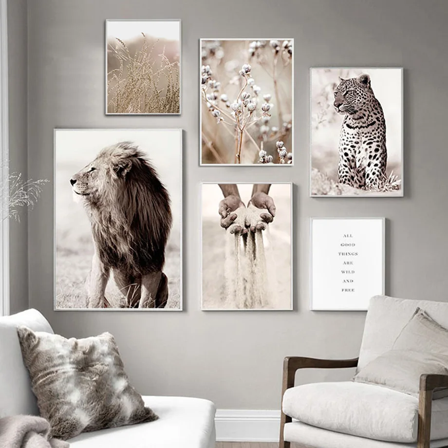 

Lion Leopard Flower Plant Hand sand Quote Nordic Posters And Prints Wall Art Canvas Painting Wall Pictures For Living Room Decor