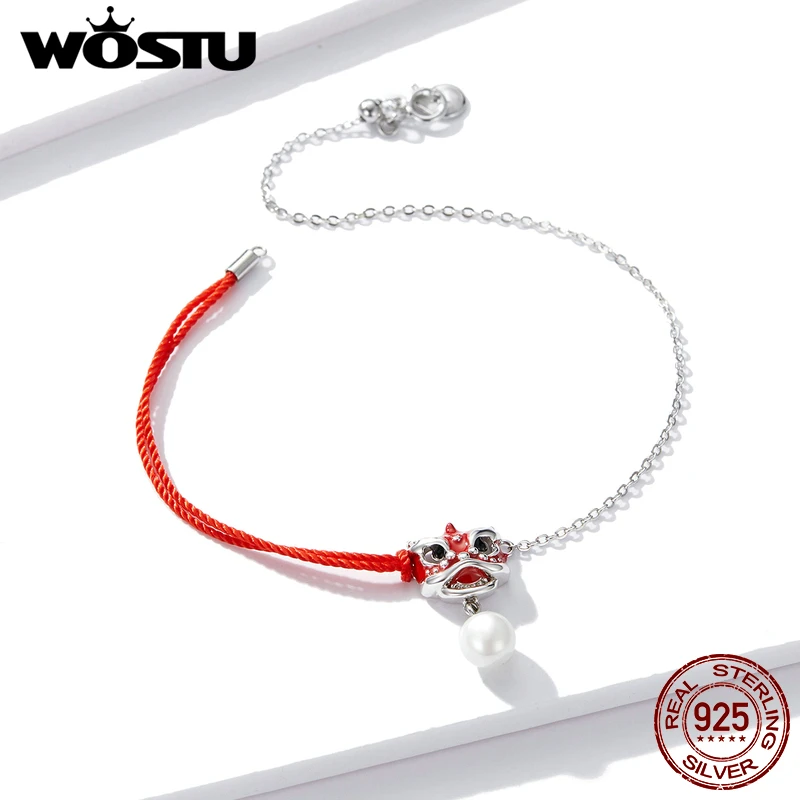 WOSTU 925 пробы серебряный китайский лев танцевальный Браслет красная веревочная