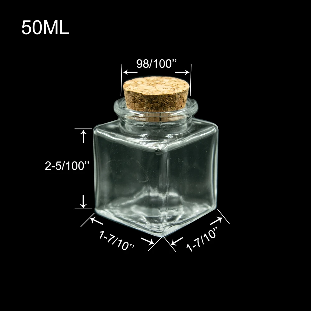 24pcs Mini 50ml Square Glass Bottle With Corks Empty Clear Square Flat Bottles Glycyrrhiza Sweets Food Grade Seal 50cc Jar Vials