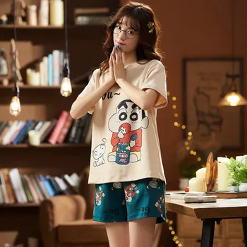 

2020 New Arrival Cute Print Pajamas Set Cotton Short Sleeve Sleepwear Nightsuits Big Size Pyjama Homewear For Women