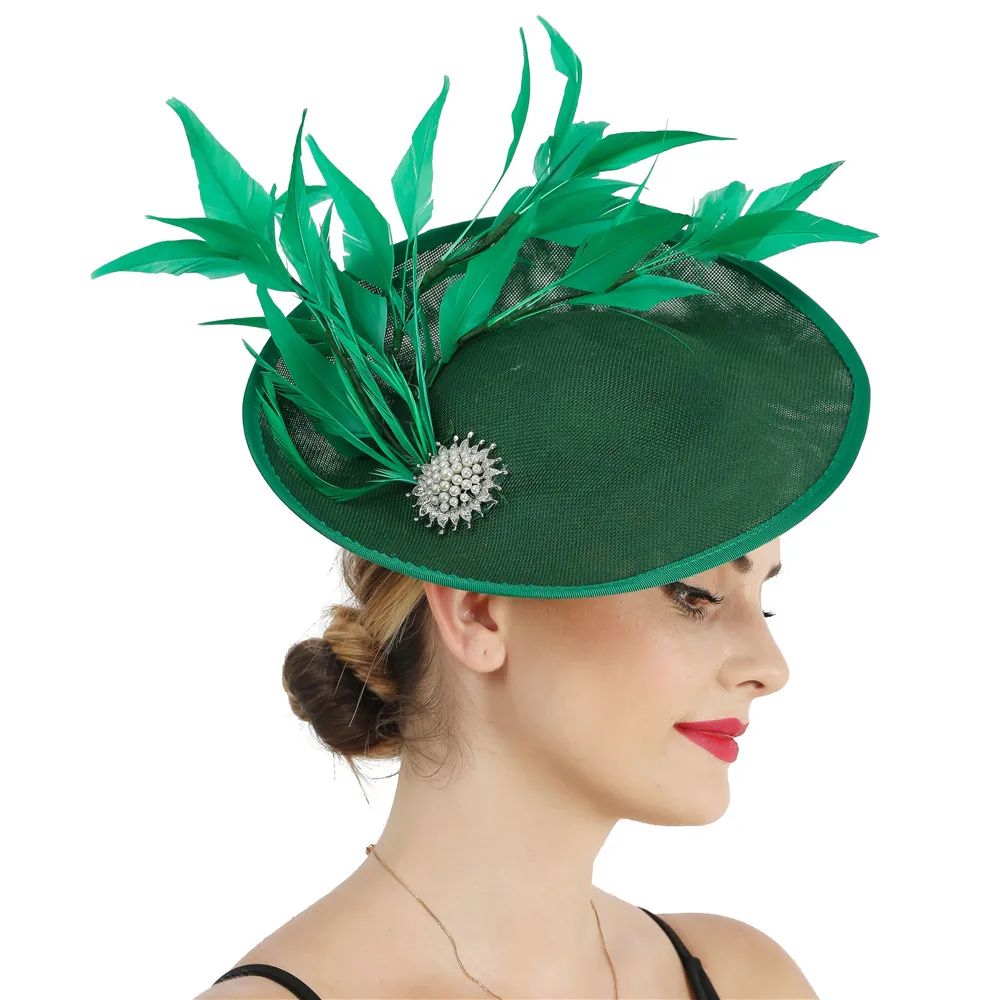 

Elegant Bride Wedding Green Fasciantor Hat Hairpin Elegant Ladies Women Fashion New Millinery Cap With Fancy Feather Headwear