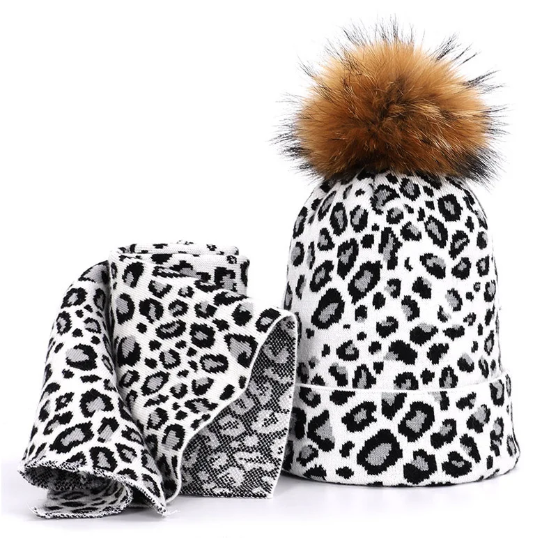 Высококачественные зимние шапки для женщин Skullies Beanie, модная шапка с леопардовым принтом и помпонами, повседневные двухслойные теплые вязаные шапки