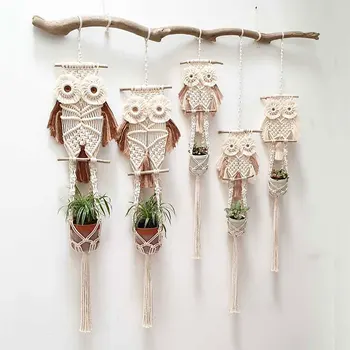 

Nordic Style Owls Rope Net Bag Cotton Macrame Wall Hanging Handmade Flower Pot Basket Tassels Dreamcatcher Home Decoration