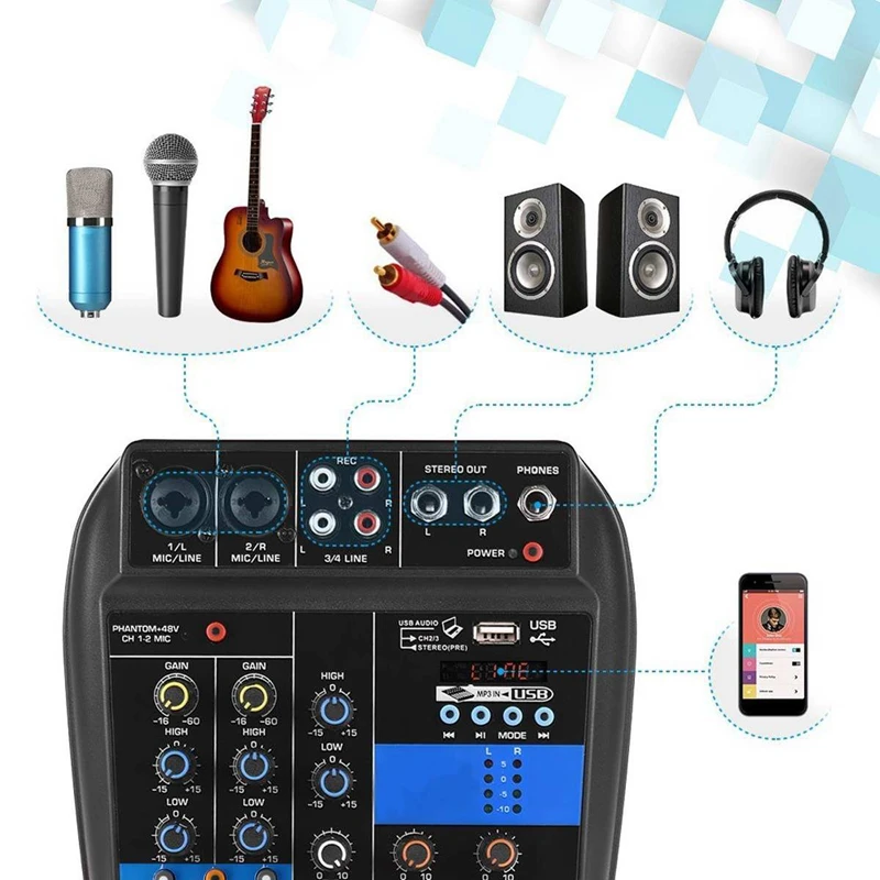 Wzrost-przenośne 4 kanały Usb dźwięku Mini konsola miksująca Audio wzmacniacz miksujący Bluetooth 48V zasilanie Phantom dla Karaoke Ktv mecz P Wzrost-przenośne 4 kanały Usb dźwięku Mini konsola miksująca Audio wzmacniacz miksujący Bluetooth 48V zasilanie Phantom dla Karaoke Ktv mecz P