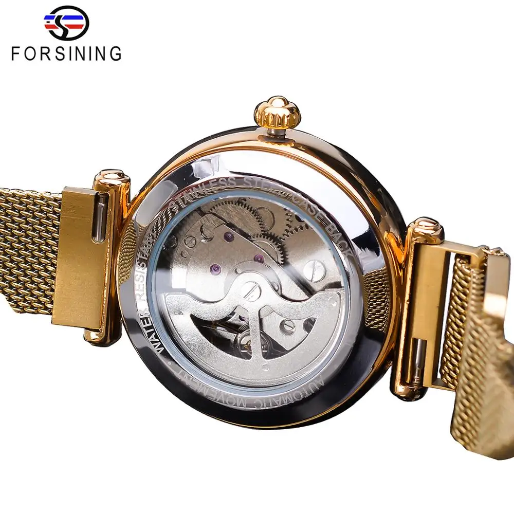 Forsining Mechanical Automatic Womens Watches Top Brand Luxury Diamond Creative Dial Gold Mesh Waterproof Fashion Ladies Watches
