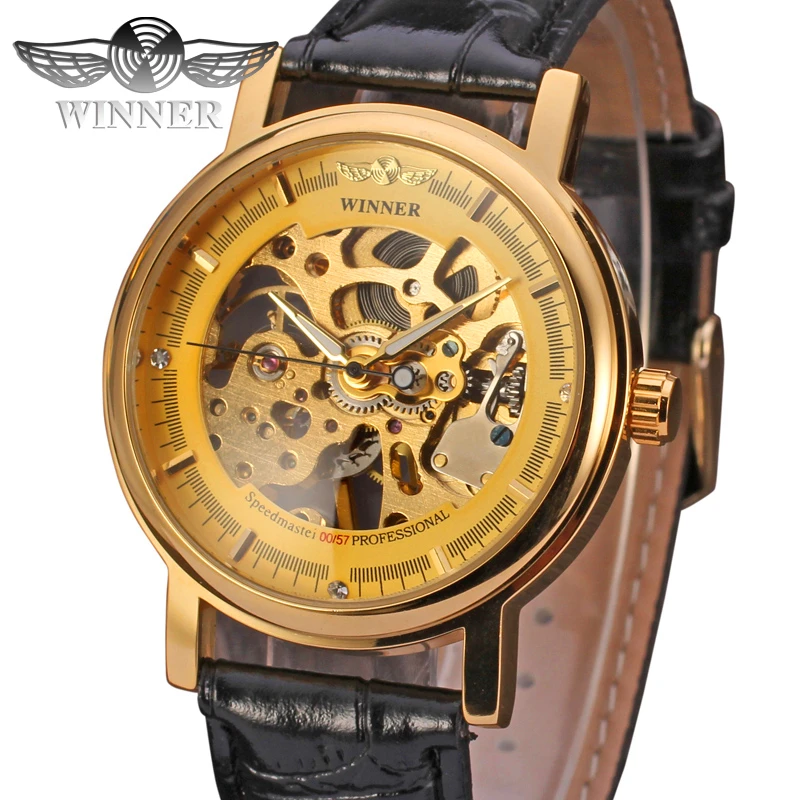 

Fashion WINNER Men Luxury Brand Vogue Gold Skeleton Leather Strap Watch Mechanical Hand Wind Wristwatch Gift Box Relogio Releges