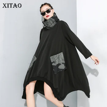 

XITAO Irregular Pleated Dress Women Fashion New 2020 Sprint Vintage Pocket Turtleneck Pullover Elegant Casual Dress XJ2978