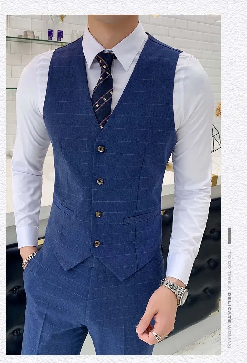 Темно-хаки синий клетчатый костюм для мужчин Slim Fit Мужская официальная одежда мужские деловые костюмы высокого качества 3 шт свадебный костюм для жениха YM4